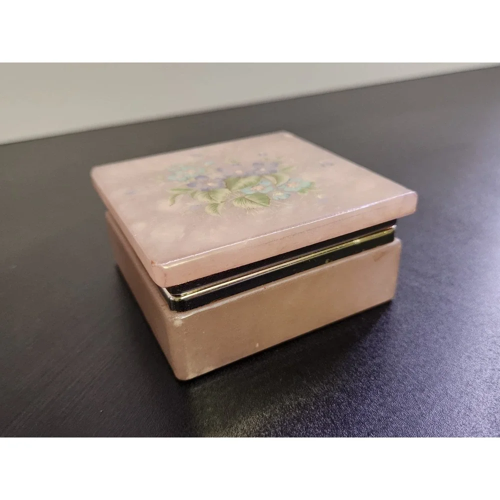 Vtg  Hinged Make Up Pill Box Pink Trinket Ring Marble Flower Print 2.5
